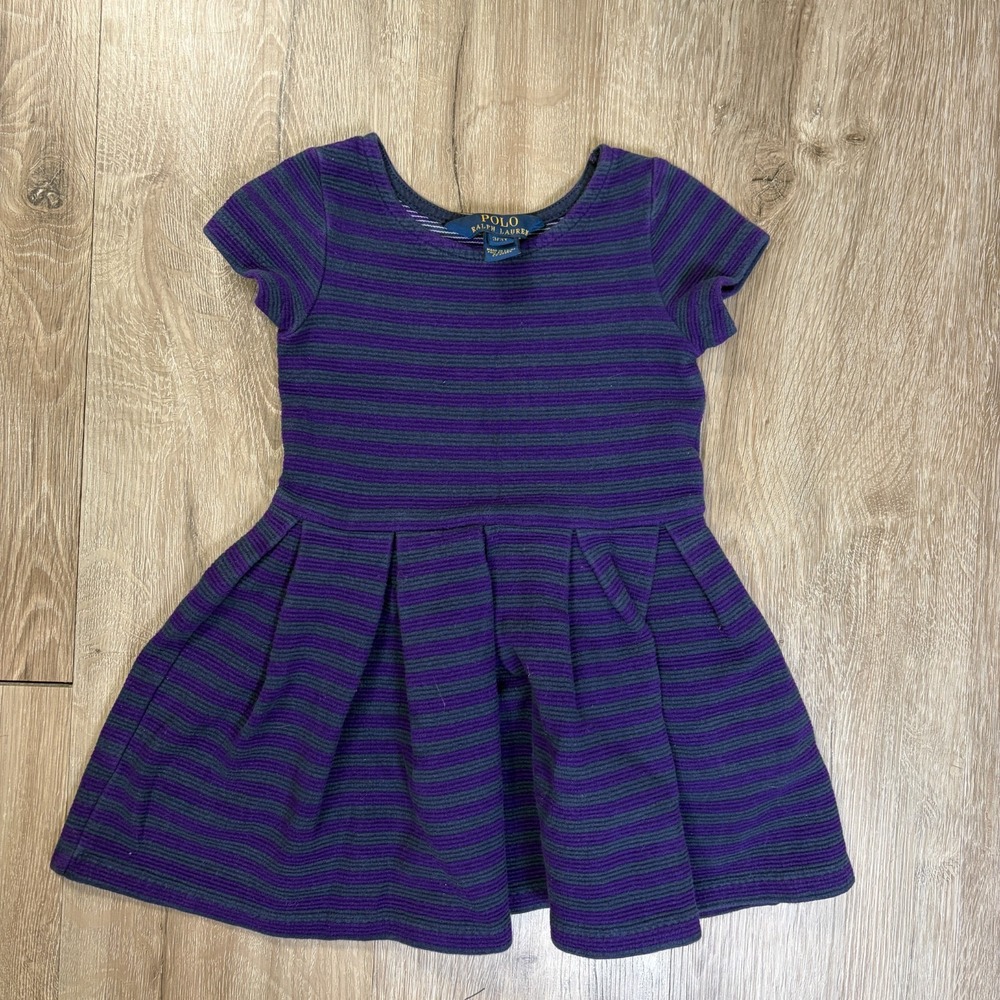 Polo Ralph Lauren Girls Toddler Size 3/3T Dress Purple Gray Striped Short Sleeve